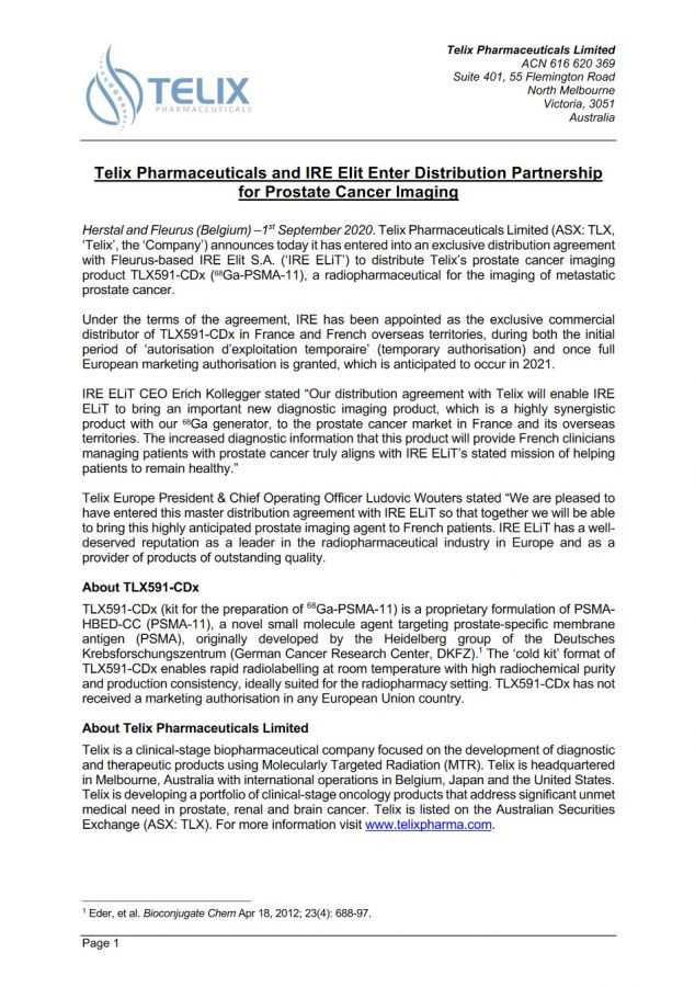 IRE ELiT and Telix Pharmaceuticals enter into a distribution partnership for prostate cancer imaging 