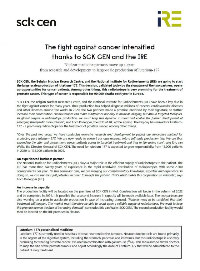 The fight against cancer intensified thanks to SCK CEN and the IRE