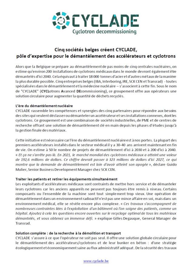 Cinq sociétés belges créent CYCLADE, pôle d’expertise pour le démantèlement des accélérateurs et cyclotrons