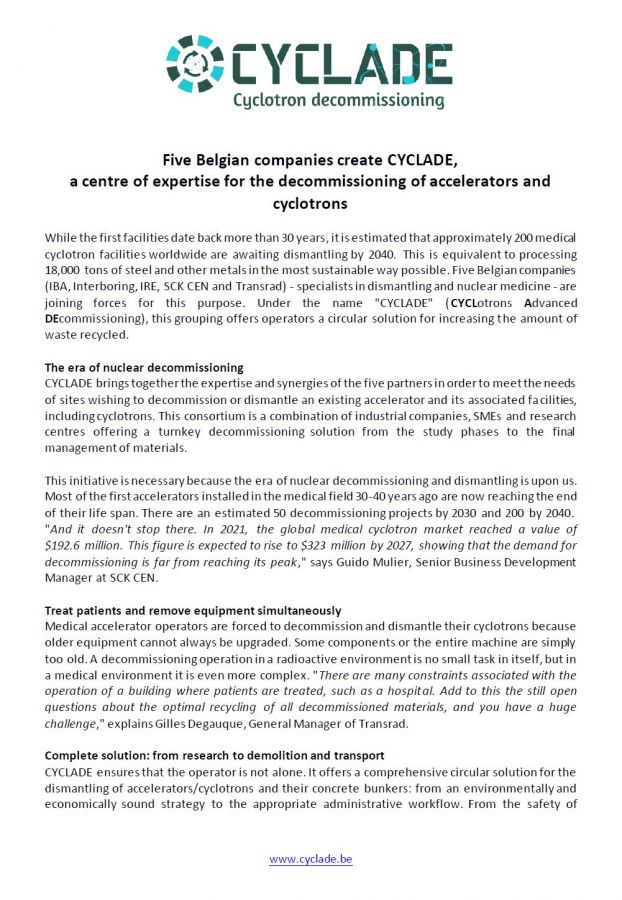 Five Belgian companies create CYCLADE, a centre of expertise for the decommissioning of accelerators and cyclotrons