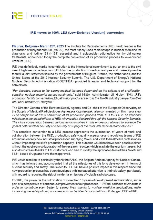IRE moves to 100% LEU (Low-Enriched Uranium) conversion