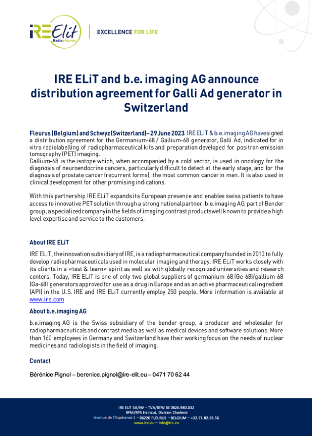 IRE ELiT and b.e. imaging AG announce distribution agreement for Galli Ad generator in Switzerland