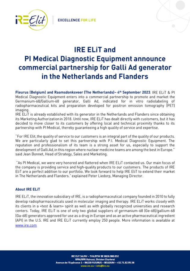  IRE ELiT and  PI Medical Diagnostic Equipment announce commercial partnership for Galli Ad generator in the Netherlands and Flanders