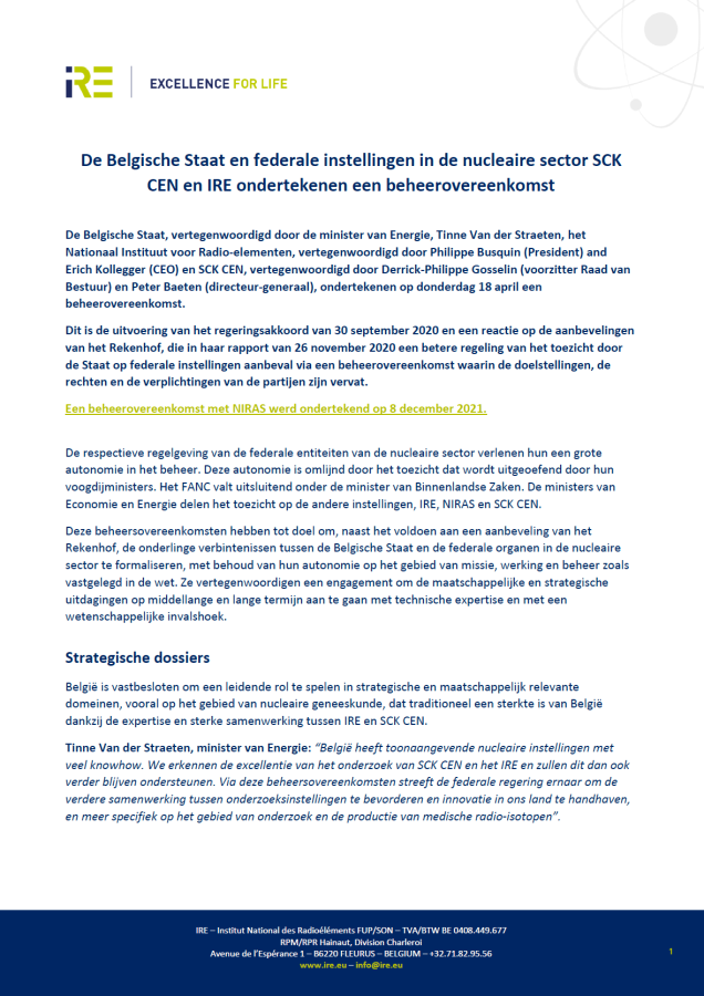 De Belgische Staat en federale instellingen in de nucleaire sector SCK CEN en IRE ondertekenen een beheerovereenkomst