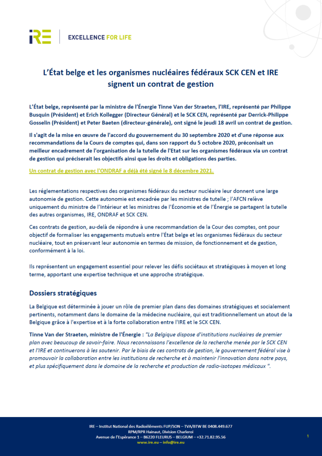 L’État belge et les organismes nucléaires fédéraux SCK CEN et IRE signent un contrat de gestion