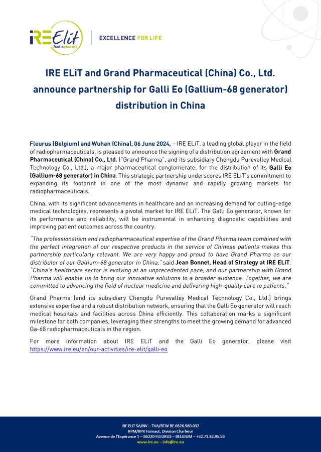IRE ELiT and Grand Pharmaceutical Co., Ltd. announce partnership for Galli Eo distribution in China