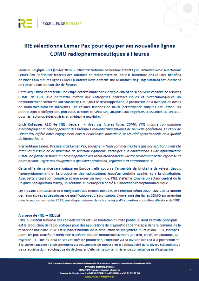 IRE sélectionne Lemer Pax pour équiper ses nouvelles lignes CDMO radiopharmaceutiques à Fleurus