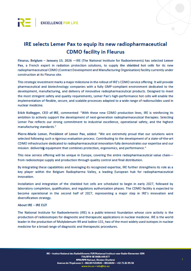 IRE selects Lemer Pax to equip its new radiopharmaceutical CDMO facility in Fleurus